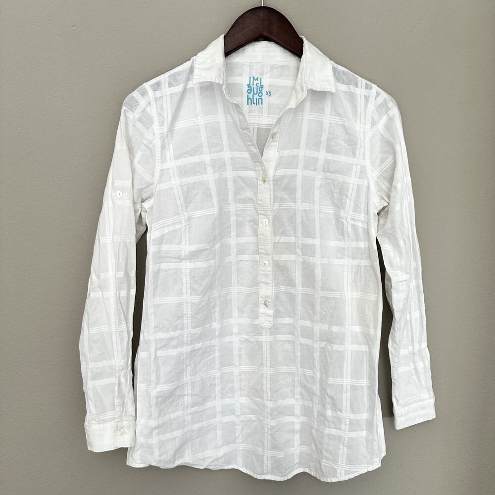 J McLaughlin White Plaid Cotton Button Down Shirt XS Roll Tab Preppy Coastal